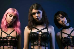 three young women in gothic outfits with pink hair generative ai photo