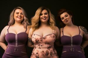 Tres mujer en púrpura vestidos posando para el cámara generativo ai foto