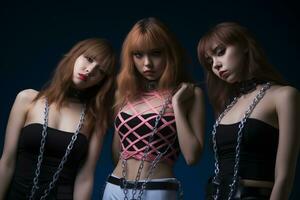 three young asian women wearing chains on a blue background generative ai photo