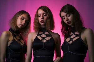 three young women in black dresses standing next to each other generative ai photo