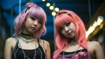 two asian girls with pink hair posing for the camera generative ai photo