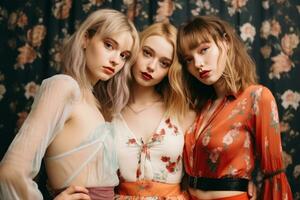 three young women posing for a photo in front of a floral patterned background generative ai