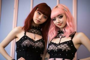 two asian women dressed in black and pink generative ai photo