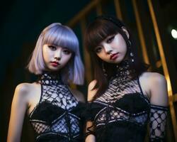 two asian women dressed in black lingerie standing next to each other generative ai photo