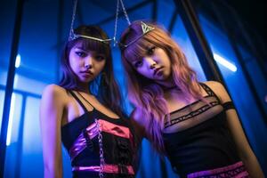 two asian women in black and pink outfits standing next to each other generative ai photo