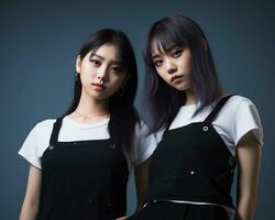 two asian women in black overalls standing next to each other generative ai photo