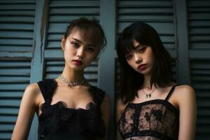 two asian women in black dresses standing next to each other generative ai photo