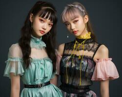 two asian women in dresses posing for the camera generative ai photo