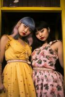 two asian women in floral dresses standing in front of a yellow door generative ai photo