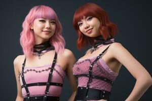 two asian women in pink outfits posing for the camera generative ai photo
