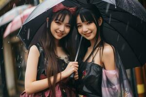 two asian women posing under an umbrella in the rain generative ai photo