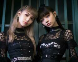 two asian women wearing black lace dresses standing next to each other generative ai photo