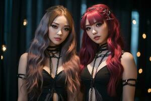 two asian women with long red hair standing next to each other generative ai photo