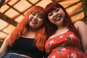 two asian women with red hair posing for the camera generative ai photo