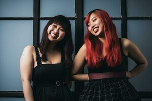 dos asiático mujer con rojo pelo posando para el cámara generativo ai foto