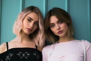two beautiful young women posing for the camera in front of a turquoise wall generative ai photo