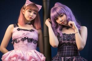 two girls in pink and purple dresses standing next to a pole generative ai photo