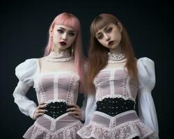 two women dressed in gothic clothing posing for the camera generative ai photo