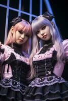 two women dressed in gothic outfits standing next to each other generative ai photo