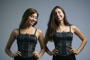 two women in black corsets posing for the camera generative ai photo