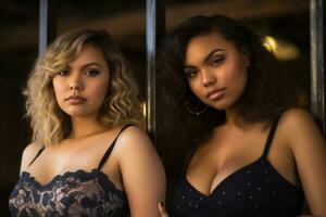 two women in black lingerie standing next to each other generative ai photo