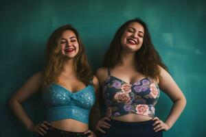 two women in bras standing next to each other generative ai photo