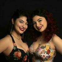 dos mujer en floral vestidos posando para el cámara generativo ai foto