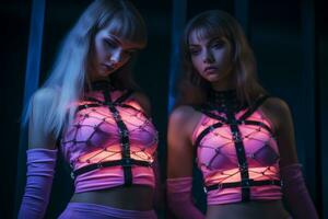 two women in pink outfits with neon lights generative ai photo
