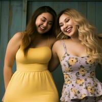 two women in yellow dresses posing for the camera generative ai photo