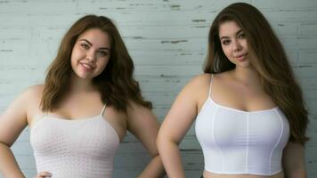 two women in white tops standing next to each other generative ai photo