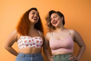 two women in pink tops standing next to each other on an orange background generative ai photo