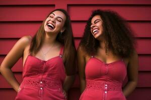 two women laughing in front of a red wall generative ai photo