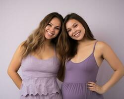 two women in purple dresses posing for the camera generative ai photo