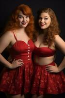 two women in red dresses posing for the camera generative ai photo
