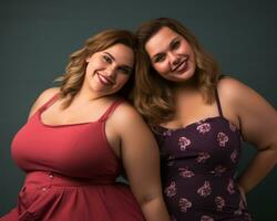 two women posing for the camera one is wearing a pink dress and the other is wearing a purple dress generative ai photo