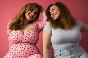 two women sitting on a pink background with their arms around each other generative ai photo