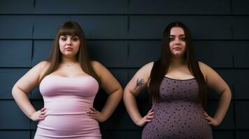 two women standing in front of a wall with their hands on their hips generative ai photo