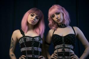 two women with pink hair posing for the camera generative ai photo