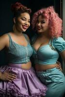 two women with pink hair posing for the camera generative ai photo