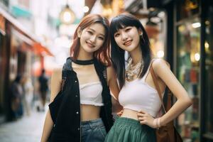 two young asian women posing for a photo in a city street generative ai