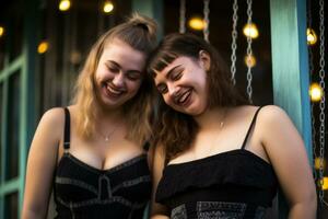 two young women are laughing together in front of a window generative ai photo