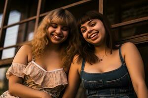 two young women are sitting on a porch and smiling generative ai photo