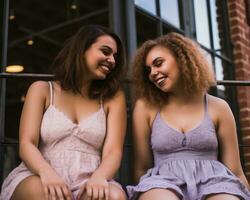 two young women are sitting on a bench and smiling generative ai photo