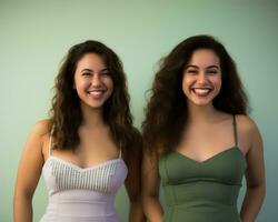 two young women are smiling in front of a green background generative ai photo