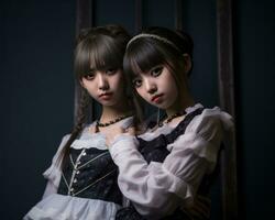 two young women dressed in gothic clothing posing for the camera generative ai photo