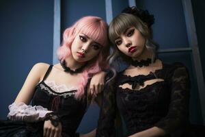 dos joven mujer vestido en gótico ropa posando para el cámara generativo ai foto