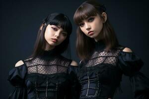 two young women dressed in gothic clothing posing for the camera generative ai photo