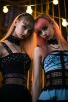 dos joven mujer vestido en gótico ropa en pie siguiente a cada otro generativo ai foto