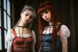dos joven mujer vestido en gótico ropa en pie siguiente a cada otro generativo ai foto