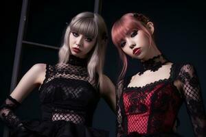 two young women in black and red gothic outfits generative ai photo